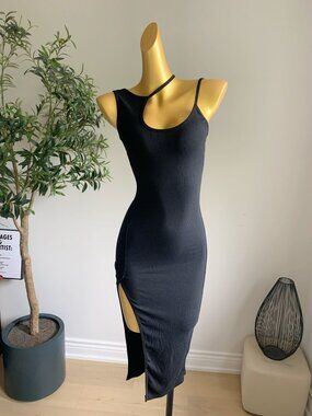 Black Ribbed Asymmetrical Strap Bodycon Midi Dress Slit S